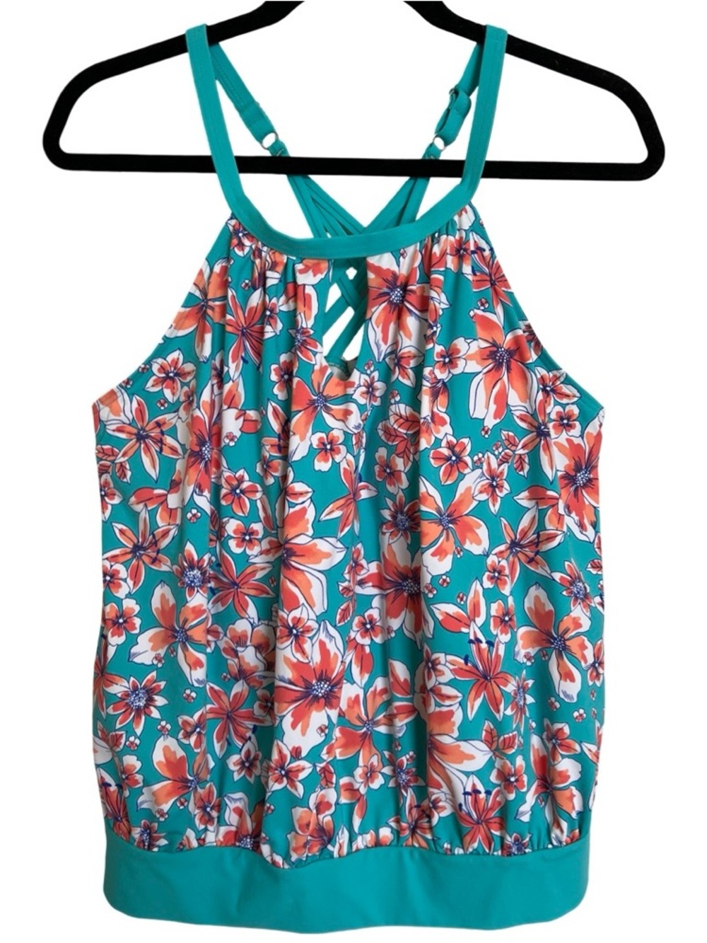 Womens Ladies Lands End Capri Aqua Orchid Floral Tankini Blouson swim top SZ 14W